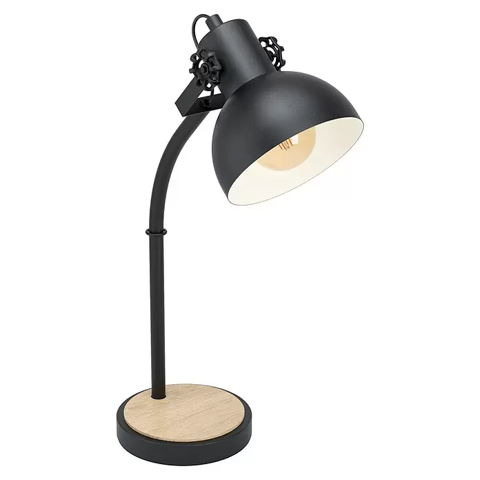 Eglo Lubenham Tischleuchte - 28 W, Schwarz/Braun, E27 - Schwarze industrielle Schreibtischlampe mit verstellbarem Kopf, sichtbarer Glühbirne und hellem Holzsockel.