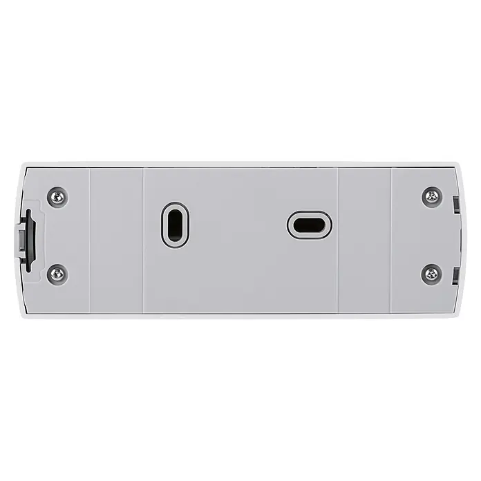Homematic IP Türsensor HmIP-SPDR - Weiß, Batteriebetrieben, 22 x 128 x 45 mm - Nahaufnahme einer weißen Steuereinheit mit Schrauben, Schlitzen und einer sauberen, modernen Ästhetik für die Hausautomation.