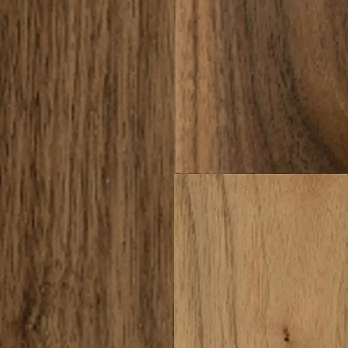 Parador Parkettmuster Classic 3060 Living Walnuss - 200 x 185 x 13 mm, Schiffsboden - Nahaufnahme von vier Holzarten, die unterschiedliche Maserungen und Farben aufweisen. Geeignet für Möbeldesign oder Bodenbeläge.