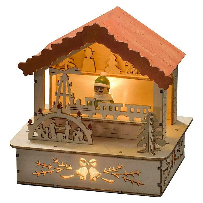 Konstsmide LED-Holzsilhouette - Braun/Bunt, Batteriebetrieben, Warmweiß - Weihnachtliche Pyramide aus Holz, beleuchtet mit einer warmen Lichtquelle, zeigt traditionelle weihnachtliche Motive und Dekorationen.
