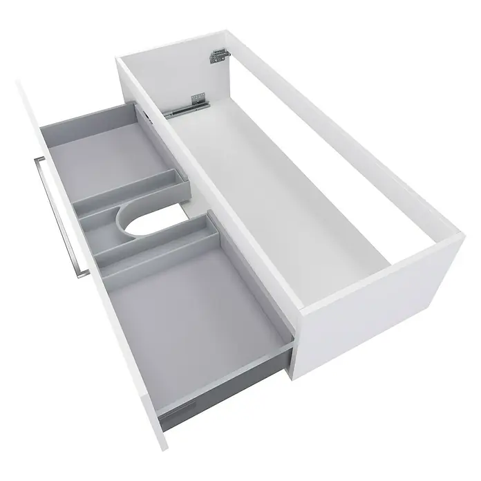 Camargue Espacio Waschtischunterschrank - 120 x 46 x 30 cm, Mira - Aufnahme eines weißen Badezimmerschranks mit einer grauen Schublade, die sich darin befindet.