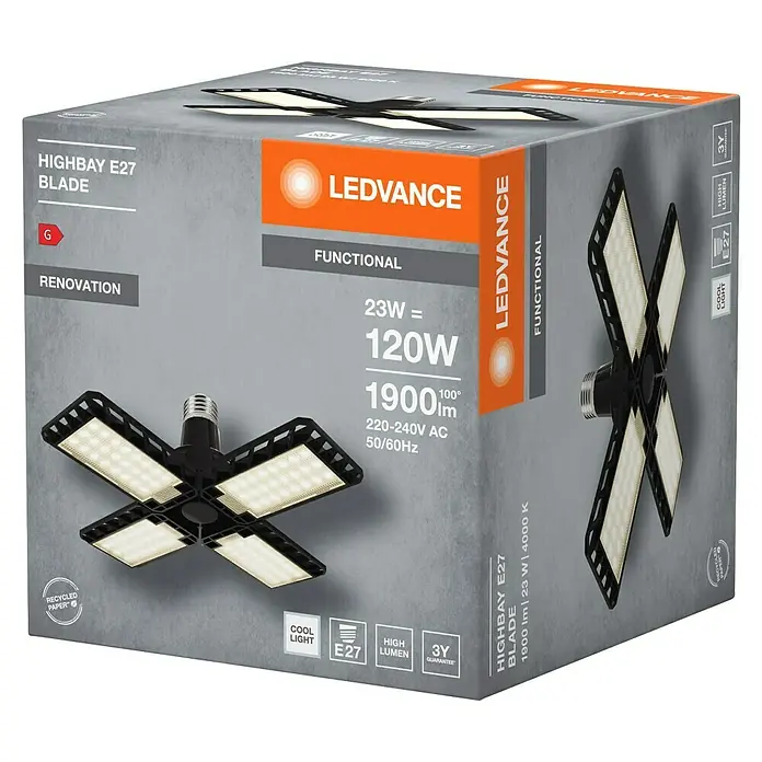 Ledvance Deckenleuchte Highbay E27 Blade - 23 W, L x B x H: 23,1 x 23,1 x 9,1 cm, Schwarz, E27 - Verpackung einer LEDVANCE Highbay E27 Blade Lampe, die 23W verbraucht und 120W entspricht.