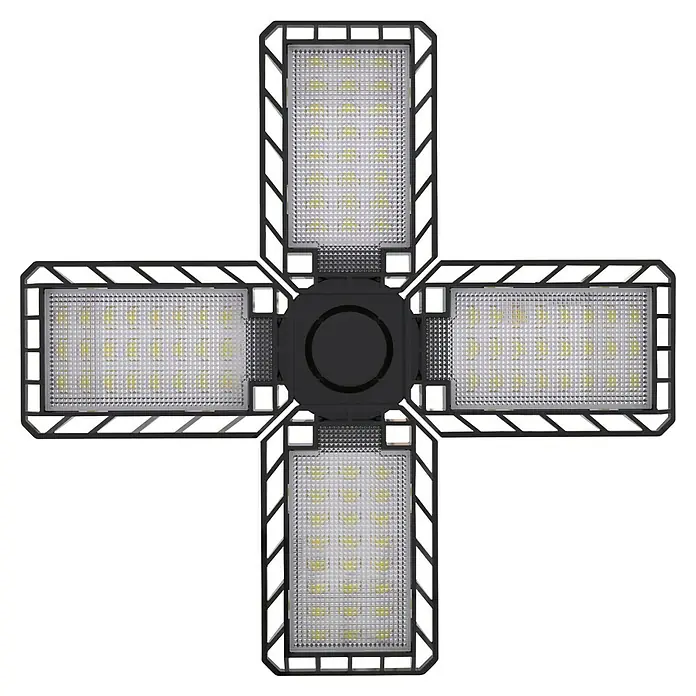 Ledvance Deckenleuchte Highbay E27 Blade - 23 W, L x B x H: 23,1 x 23,1 x 9,1 cm, Schwarz, E27 - Bild einer LED-Garagenleuchte mit vier verstellbaren Paneelen und robustem Design für eine breite Ausleuchtung.