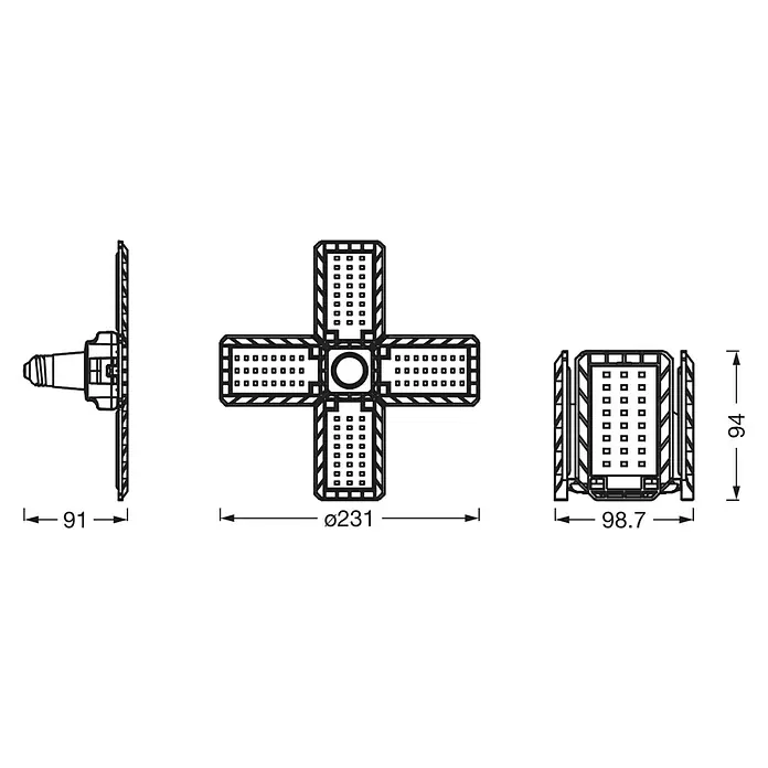 Ledvance Deckenleuchte Highbay E27 Blade - 23 W, L x B x H: 23,1 x 23,1 x 9,1 cm, Schwarz, E27 - Schemazeichnung eines Sternverteilers mit den Maßen 91, Ø231, 98,7 und 94.