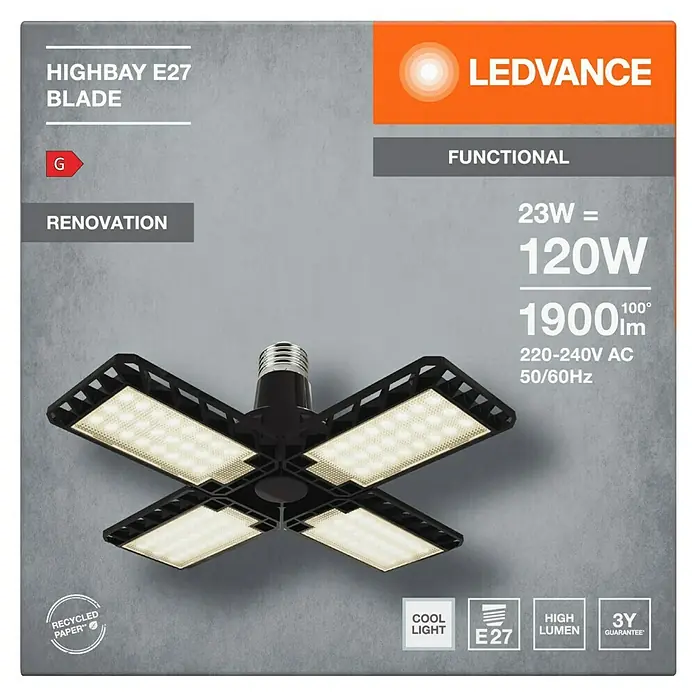 Ledvance Deckenleuchte Highbay E27 Blade - 23 W, L x B x H: 23,1 x 23,1 x 9,1 cm, Schwarz, E27 - Das LEDVANCE Highbay E27 Blade, eine funktionale LED-Lampe für Renovierungen, leuchtet mit 1900 Lumen und ist eine energiesparende Alternative.