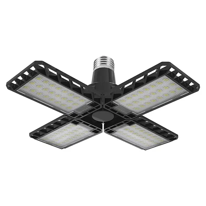 Ledvance Deckenleuchte Highbay E27 Blade - 23 W, L x B x H: 23,1 x 23,1 x 9,1 cm, Schwarz, E27 - Abbildung einer innovativen LED-Garagenleuchte mit vier verstellbaren Paneelen für eine umfassende Ausleuchtung.