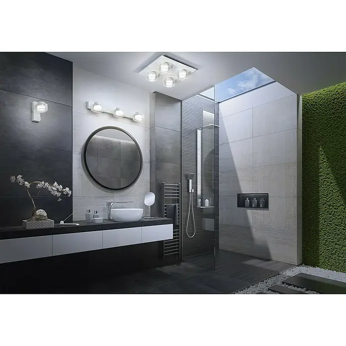 Ledvance Orbis LED-Wandleuchte Flame - 11 W, L x B x H: 30 x 13 x 9 cm, Weiß, Warmweiß, 2 Stk. - Modernes Badezimmer-Design mit stilvoller Beleuchtung, rundem Spiegel und Waschtisch. Elegantes Interieur mit grüner Akzentwand.