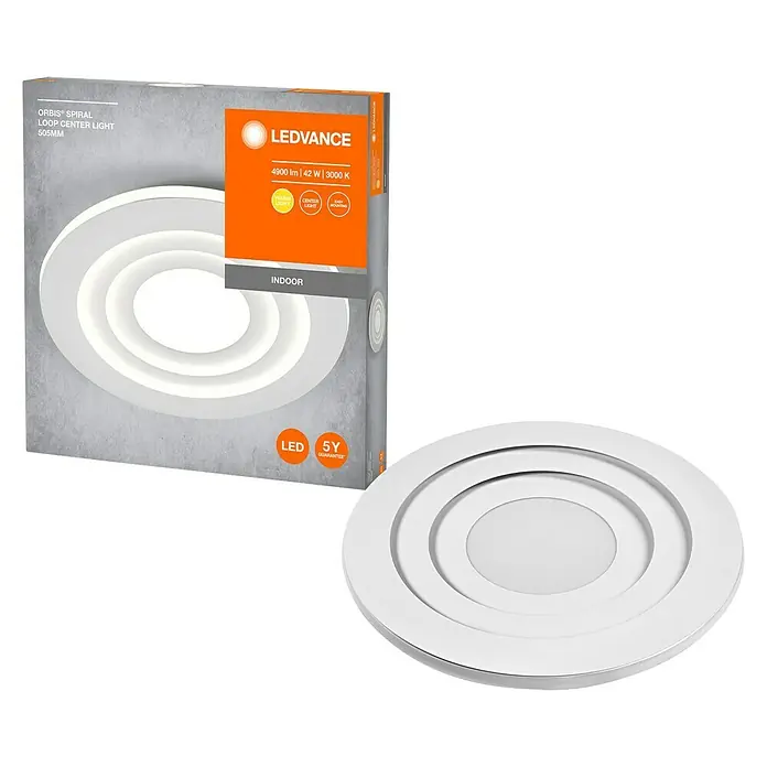Ledvance LED-Deckenleuchte rund - 42 W, Ø x H: 50,5 x 6 cm, Weiß, Warmweiß - Abbildung einer LEDVANCE Orbis Spiral Loop Center Light-Leuchte mit 505mm Durchmesser, ideal für die Innenraumbeleuchtung.