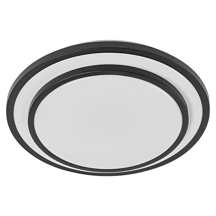 Osram LED-Deckenleuchte rund Berlin - 16 W, Ø x H: 29,3 x 6,5 cm, Schwarz, Warmweiß - Nahaufnahme einer modernen, runden Deckenleuchte mit schwarzem Rahmen und weißem Diffusor.