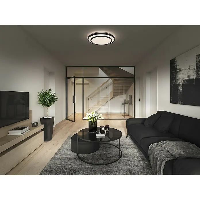 Osram LED-Deckenleuchte rund Berlin - 16 W, Ø x H: 29,3 x 6,5 cm, Schwarz, Warmweiß - Modernes Wohnzimmer mit zentraler Deckenleuchte. Die Deckenleuchte sorgt für eine angenehme und gleichmäßige Ausleuchtung des Raumes.