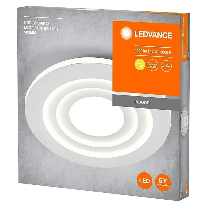 Ledvance LED-Deckenleuchte rund - 42 W, Ø x H: 50,5 x 6 cm, Weiß, Warmweiß - Abbildung der Verpackung einer LEDVANCE ORBIS Spiral Loop Center Light Leuchte mit 505mm Durchmesser für den Innenbereich.
