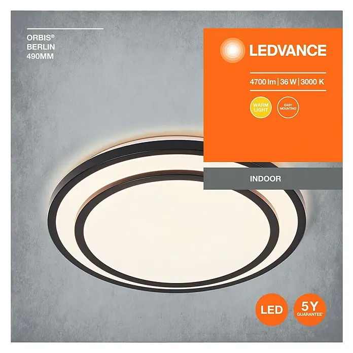 Osram LED-Deckenleuchte rund Berlin - 36 W, Ø x H: 49,2 x 8 cm, Schwarz, Warmweiß - Produktbild der LEDVANCE Orbis Berlin Deckenleuchte, 4700 Lumen, 36 Watt, 3000 Kelvin, für den Innenbereich mit 5 Jahren Garantie.