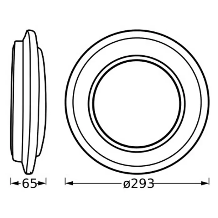 Osram LED-Deckenleuchte rund Berlin - 16 W, Ø x H: 29,3 x 6,5 cm, Schwarz, Warmweiß - Technische Zeichnung einer runden LED-Deckenleuchte mit Abmessungen: Durchmesser 293 mm, Tiefe 65 mm.