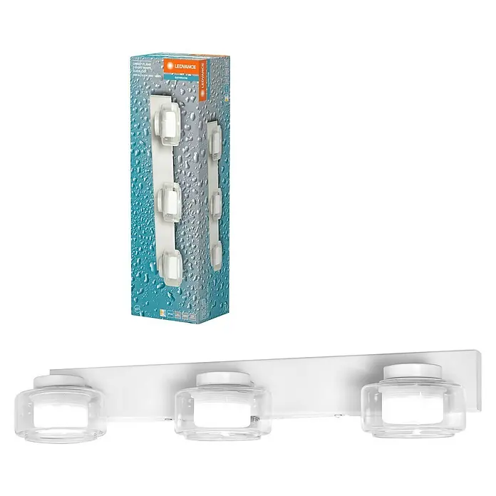 Ledvance Orbis LED-Wandleuchte Flame - 16,5 W, L x B x H: 50 x 13 x 9 cm, Weiß, Warmweiß, 3 Stk. - Eine Badezimmerleuchte mit drei Glaskugeln und dazu passender Verpackung mit dem LEDVANCE Badezimmerleuchten Modell abgebildet.