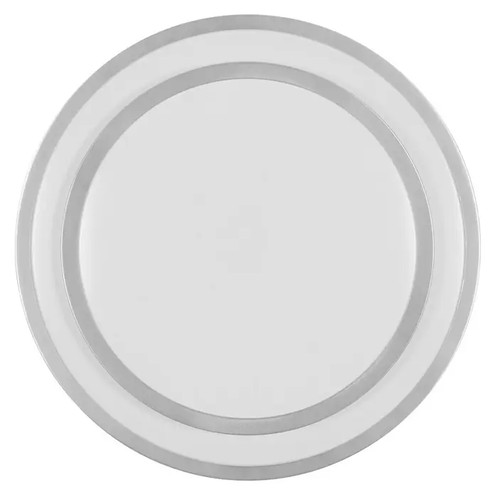 Ledvance Orbis LED-Deckenleuchte rund Berlin - 24 W, Ø x H: 39 x 7,8 cm, Silber, Warmweiß - Nahaufnahme einer runden, weißen LED-Deckenleuchte mit silbernen Akzenten vor einem schwarzen Hintergrund.