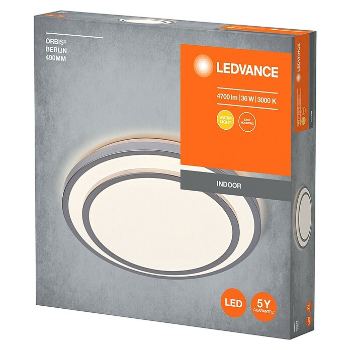 Ledvance Orbis Led-plafondlamp, rond Berlin (36 W, Ø x h: 49,2 x 8 cm, Zilver, Warm wit) | BAUHAUS