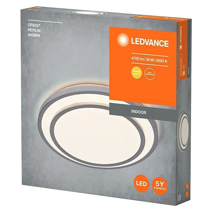 Ledvance Orbis LED-Deckenleuchte rund Berlin - 36 W, Ø x H: 49,2 x 8 cm, Silber, Warmweiß - Karton einer LEDVANCE Orbis Berlin Deckenleuchte mit 4700 lm, 36 W und 3000 K Farbtemperatur.