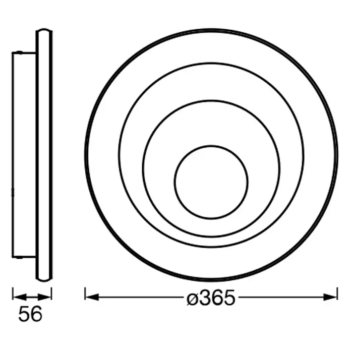 Ledvance Orbis LED-Deckenleuchte rund Spiral - 38 W, Ø x H: 36,5 x 5,6 cm, Weiß, Warmweiß - Schema einer runden Deckenleuchte mit den Maßen 56 mm (Tiefe) und 365 mm (Durchmesser).