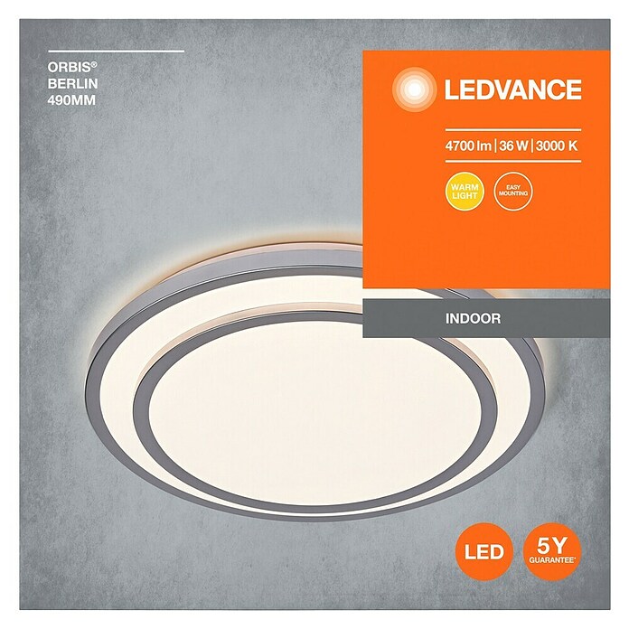 Ledvance Orbis LED-Deckenleuchte rund Berlin (36 W, Ø x H: 49,2 x 8 cm, Silber, Warmweiß) | BAUHAUS