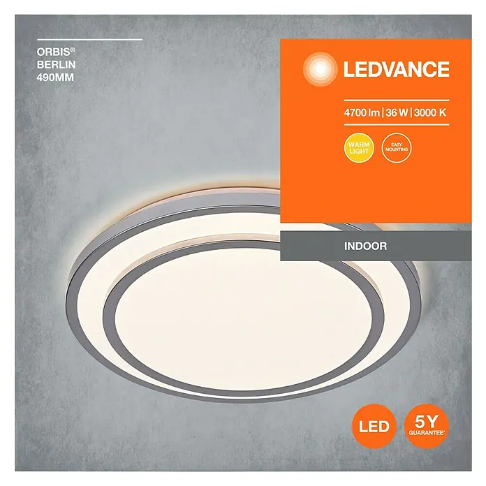 Osram LED-Deckenleuchte rund Berlin - 36 W, Ø x H: 49,2 x 8 cm, Silber, Warmweiß - Abbildung einer LEDVANCE ORBIS® BERLIN Deckenleuchte mit 4700 lm, 36 W und 3000 K, ideal für Innenräume, mit 5 Jahren Garantie.