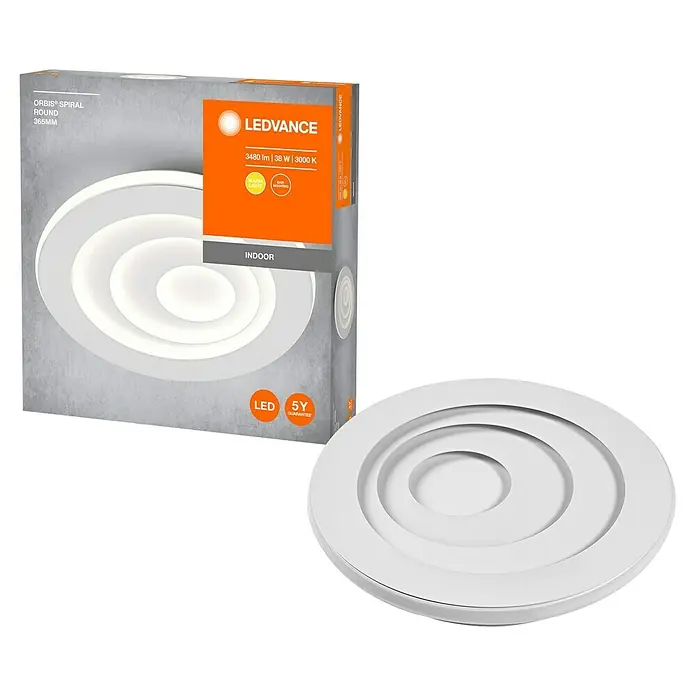 Ledvance Orbis LED-Deckenleuchte rund Spiral - 38 W, Ø x H: 36,5 x 5,6 cm, Weiß, Warmweiß - LEDVANCE Orbis Spiral Round LED-Deckenleuchte mit 3480 lm, 38 W und 3000 K, ideal für Innenräume mit 5 Jahren Garantie.
