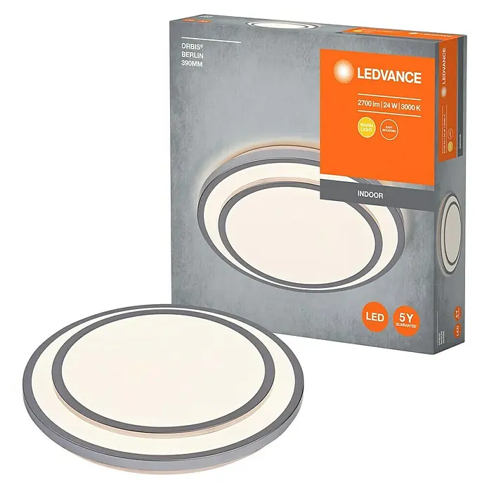 Ledvance Orbis LED-Deckenleuchte rund Berlin - 24 W, Ø x H: 39 x 7,8 cm, Silber, Warmweiß - Abbildung einer LEDVANCE ORBIS® BERLIN 390MM LED-Deckenleuchte mit Kartonverpackung, ideal für Innenräume, mit warmweißem Licht.