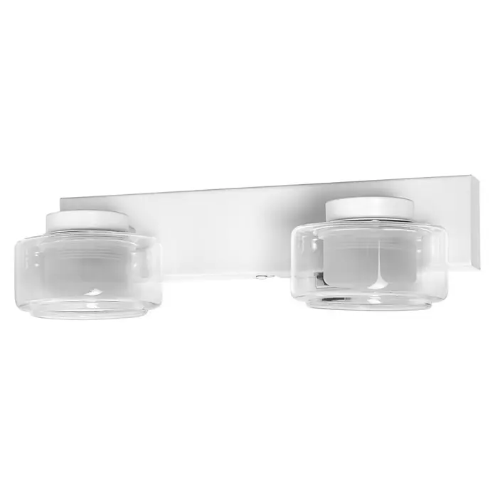 Ledvance Orbis LED-Wandleuchte Flame - 11 W, L x B x H: 30 x 13 x 9 cm, Weiß, Warmweiß, 2 Stk. - Eine weiße Badezimmerleuchte mit zwei runden Lampenschirmen aus klarem Glas, die ein modernes und helles Ambiente schaffen.