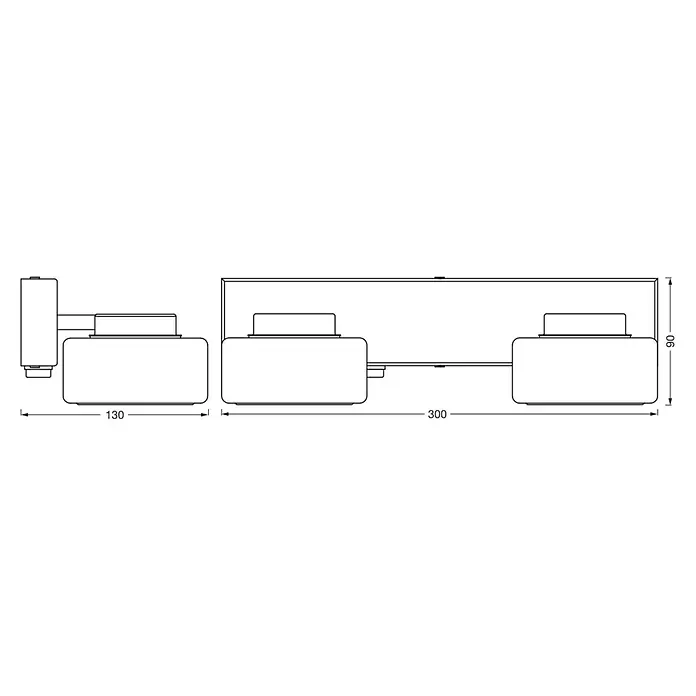 Ledvance Orbis LED-Wandleuchte Flame - 11 W, L x B x H: 30 x 13 x 9 cm, Chrome, Warmweiß, 2 Stk. - Technische Zeichnung einer Wandleuchte mit Maßangaben (130, 300 und 90 mm) für Abmessungen.