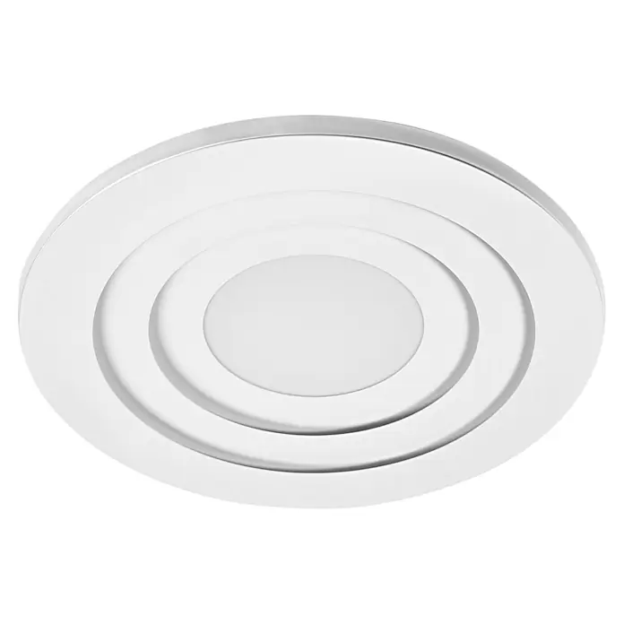Ledvance LED-Deckenleuchte rund - 42 W, Ø x H: 50,5 x 6 cm, Weiß, Warmweiß - Nahaufnahme einer runden, weißen Deckenleuchte mit gestuftem Design, die ein modernes und minimalistisches Ambiente vermittelt.