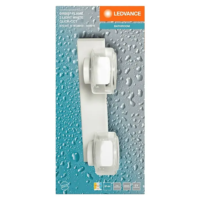 Ledvance Orbis LED-Wandleuchte Flame - 11 W, L x B x H: 30 x 13 x 9 cm, Weiß, Warmweiß, 2 Stk. - Produktverpackung der LEDVANCE Orbis Flame Badleuchte mit zwei Leuchten, weiß, mit CCT-Klickfunktion und technischen Details.