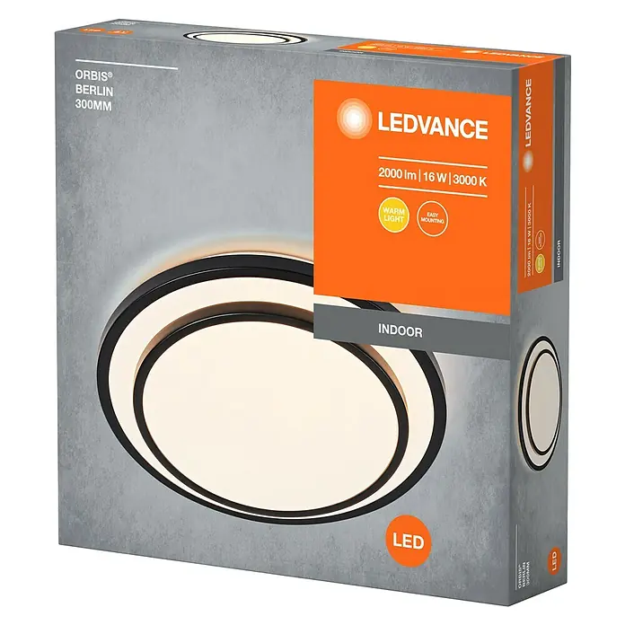 Osram LED-Deckenleuchte rund Berlin - 16 W, Ø x H: 29,3 x 6,5 cm, Schwarz, Warmweiß - Produktverpackung einer ORBIS Berlin LED-Deckenleuchte mit 300mm Durchmesser, 2000 Lumen, 16W, 3000K und warmweißem Licht.