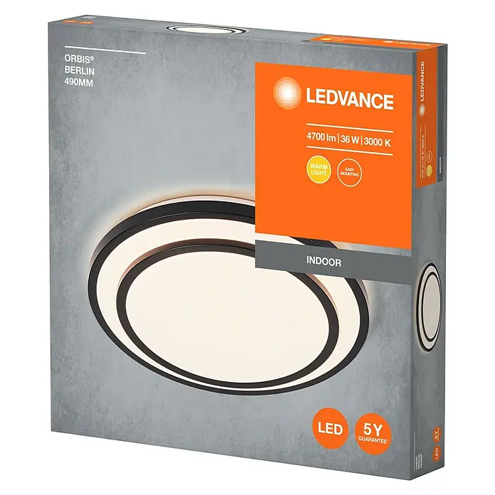 Ledvance Orbis LED-Deckenleuchte rund Berlin - 36 W, Ø x H: 49,2 x 8 cm, Schwarz, Warmweiß - Nahaufnahme der Verpackung einer LEDVANCE ORBIS Berlin Deckenleuchte mit 4700 lm, 36 W und 3000 K Farbtemperatur.