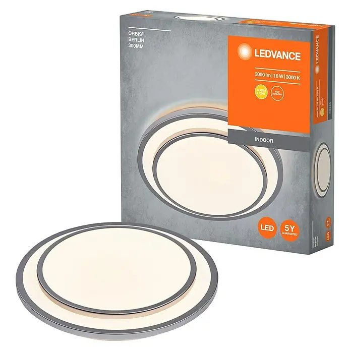 Ledvance Orbis LED-Deckenleuchte rund Berlin - 16 W, Ø x H: 29,3 x 6,5 cm, Silber, Warmweiß - Nahaufnahme der LEDVANCE Orbis Berlin 300mm Deckenleuchte und ihrer Verpackung.