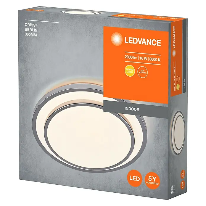 Ledvance Orbis LED-Deckenleuchte rund Berlin - 16 W, Ø x H: 29,3 x 6,5 cm, Silber, Warmweiß - Nahaufnahme der Verpackung einer LEDVANCE ORBIS Berlin 300MM LED-Deckenleuchte, die Design und Produktdetails hervorhebt.