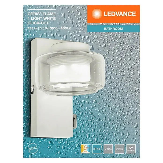 Ledvance Orbis LED-Wandleuchte Flame - 5,5 W, L x B x H: 10 x 13 x 15 cm, Weiß, Warmweiß, 1 Stk. - Bild einer LEDVANCE ORBIS® FLAME Wandleuchte für das Badezimmer, mit 435 lm, 5,5 W und einstellbarer Farbtemperatur (3000-4000 K).