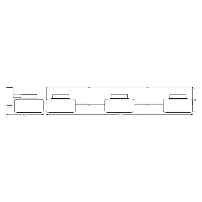 Ledvance Orbis LED-Wandleuchte Flame - 16,5 W, L x B x H: 50 x 13 x 9 cm, Chrome, Warmweiß, 3 Stk. - Produktabbildung einer Wandleuchte mit Maßen. Eine moderne Beleuchtungslösung für Ihr Zuhause, 90mm hoch und 500 mm breit.