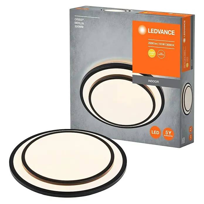 Osram LED-Deckenleuchte rund Berlin - 16 W, Ø x H: 29,3 x 6,5 cm, Schwarz, Warmweiß - Das LEDVANCE Orbis Berlin 300MM Deckenleuchte-Produktbild zeigt eine moderne, runde Leuchte und ihre Verpackung.