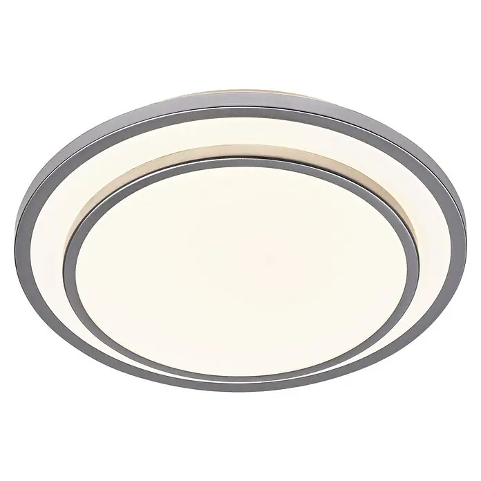 Ledvance Orbis LED-Deckenleuchte rund Berlin - 16 W, Ø x H: 29,3 x 6,5 cm, Silber, Warmweiß - Nahaufnahme einer runden LED-Deckenleuchte mit silberfarbenem Rahmen und warmweißem Licht. Moderne Beleuchtung für Innenräume.