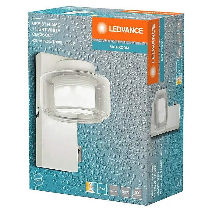 Ledvance Orbis LED-Wandleuchte Flame - 5,5 W, L x B x H: 10 x 13 x 15 cm, Weiß, Warmweiß, 1 Stk. - Produktverpackung für LEDVANCE ORBIS® FLAME Badezimmerleuchte, energiesparend, warmweiß bis kaltweiß einstellbar.