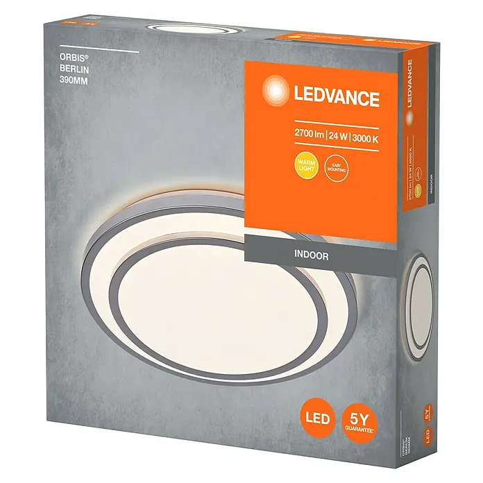 Ledvance Orbis LED-Deckenleuchte rund Berlin - 24 W, Ø x H: 39 x 7,8 cm, Silber, Warmweiß - Nahaufnahme einer LEDVANCE Orbis Berlin Deckenleuchte Verpackung, die warmes Licht und eine 5-Jahres-Garantie hervorhebt.