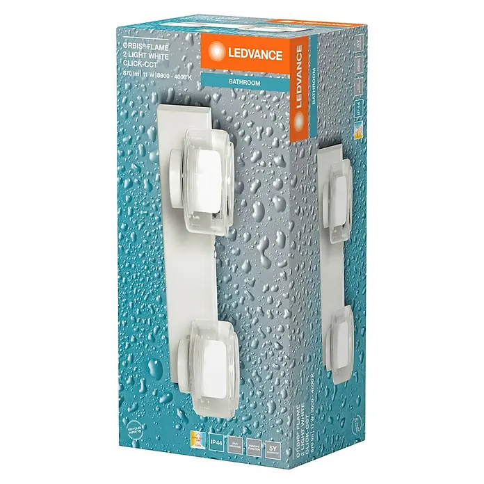 Ledvance Orbis LED-Wandleuchte Flame - 11 W, L x B x H: 30 x 13 x 9 cm, Weiß, Warmweiß, 2 Stk. - Produktverpackung: LEDVANCE Orbis Flame 2-Light White Click-CCT Badleuchte, ideal für Feuchträume.