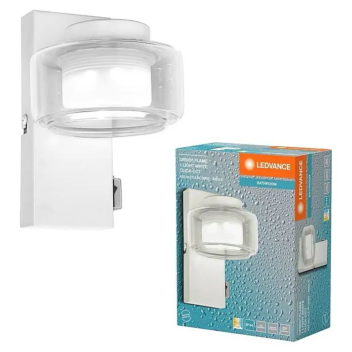 Ledvance Orbis LED-Wandleuchte Flame - 5,5 W, L x B x H: 10 x 13 x 15 cm, Weiß, Warmweiß, 1 Stk. - LEDVANCE ORBIS® FLAME Badezimmerleuchte: 1-flammig, weißes Licht, CLICK-CCT, 435 lm, 5.5 W, 3000-4000 K. Ideal für stilvolle Badezimmerbeleuchtung.
