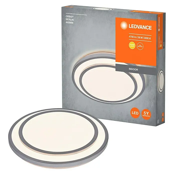 Ledvance Orbis LED-Deckenleuchte rund Berlin - 36 W, Ø x H: 49,2 x 8 cm, Silber, Warmweiß - Abbildung einer LEDVANCE ORBIS® BERLIN 490MM LED-Deckenleuchte mit Verpackung.