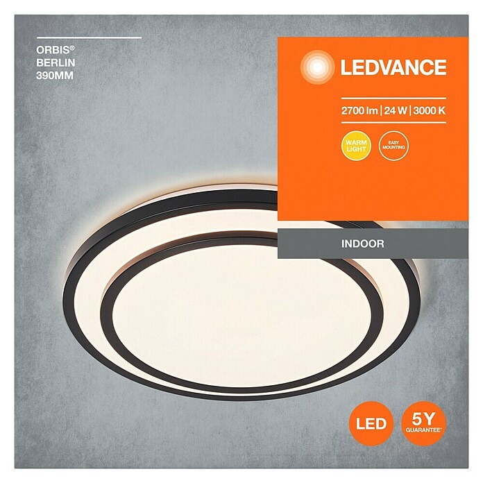 Osram LED-Deckenleuchte rund Berlin (24 W, Ø x H: 39 x 7,8 cm, Schwarz, Warmweiß) | BAUHAUS