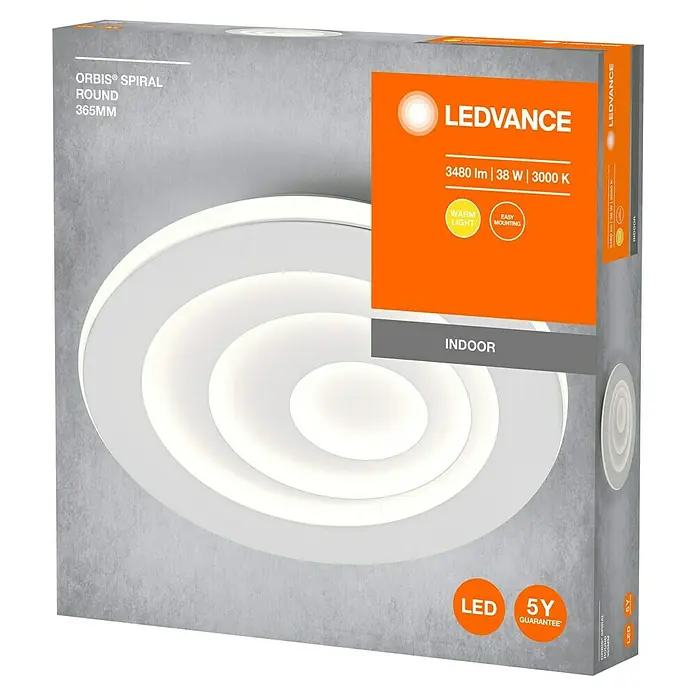 Ledvance Orbis LED-Deckenleuchte rund Spiral - 38 W, Ø x H: 36,5 x 5,6 cm, Weiß, Warmweiß - Produktbild der LEDVANCE Orbis Spiral Round 365mm Deckenleuchte, ideal für Innenräume, mit warmweißem Licht und einfacher Montage.