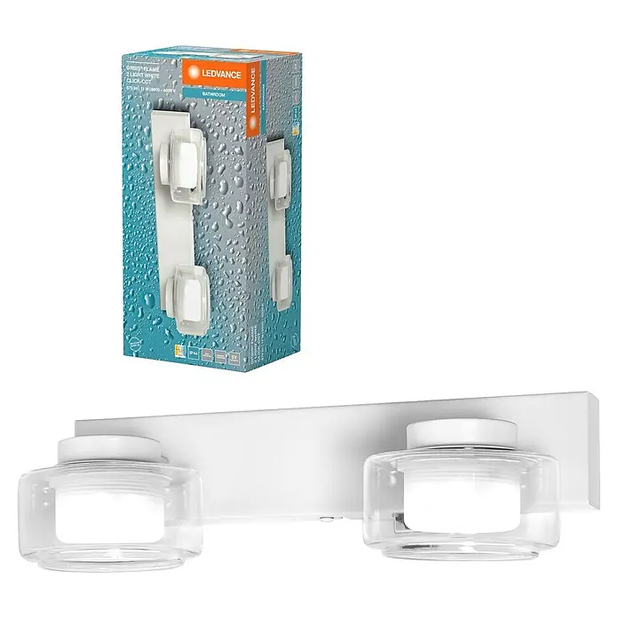 Ledvance Orbis LED-Wandleuchte Flame - 11 W, L x B x H: 30 x 13 x 9 cm, Weiß, Warmweiß, 2 Stk. - Produktbild: LEDVANCE Orbis Flame 2-flammige Badleuchte mit klarem Glas, ideal für stilvolle Badezimmerbeleuchtung.