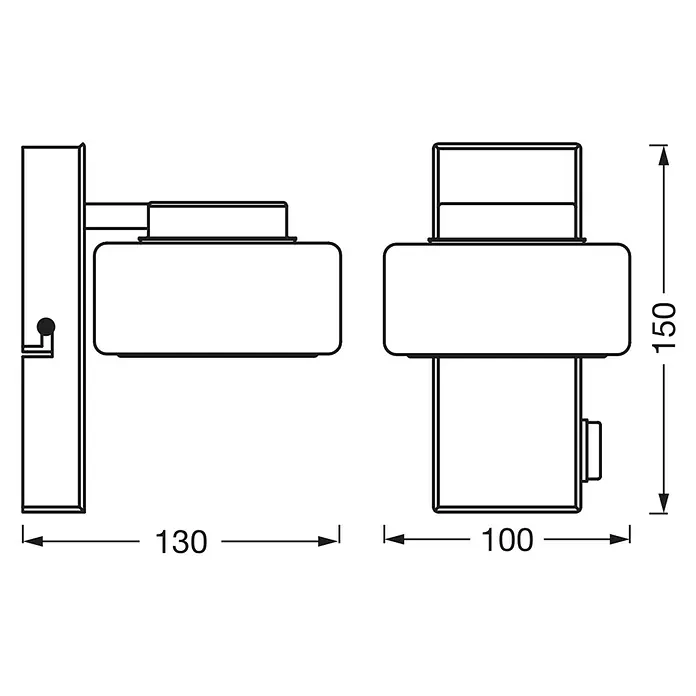 Ledvance Orbis LED-Wandleuchte Flame - 5,5 W, L x B x H: 10 x 13 x 15 cm, Chrome, Warmweiß, 1 Stk. - Technische Zeichnung einer modernen Wandleuchte mit Maßangaben für Design und Installation.