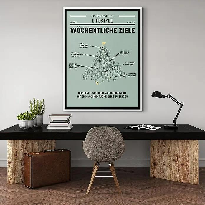 Dotcomcanvas Leinwandbild - Weekly Goals, B x H: 150 x 200 cm - Poster mit dem Titel "Wöchentliche Ziele" mit einer stilisierten Berglandschaft und umgebenden Motivationstexten.