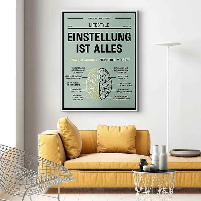 Dotcomcanvas Leinwandbild - Gewinner Mindset vs. Verlierer Mindset, B x H: 150 x 200 cm - Poster mit deutschem Text "Einstellung ist alles", das die Denkweise von Gewinnern und Verlierern vergleicht, gerahmt und an einer Wand über einem Sofa.