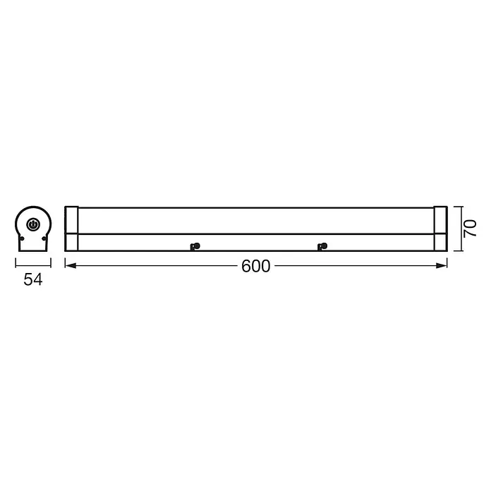 Ledvance Orbis LED-Spiegelleuchte Tube - 12 W, L x B x H: 60 x 7 x 5,4 cm, Chrome, Bubbleglas, Warmweiß - Schemazeichnung einer LED-Unterbauleuchte mit den Maßen 600 x 70 x 54 mm.